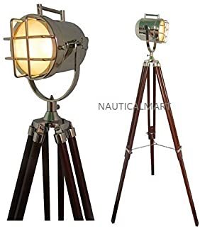 NAUTICALMART Vintage Marine Search Light with Teak Wood Tripod Lamp