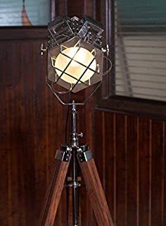 Nautical Marine Handmade Spot Searchlight Tripod Floor Lamp, Abrasive Teak Tripod Floor Lamp Search Light