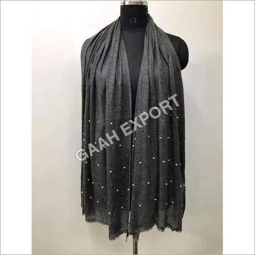 Machine Made Natural Pashmina With Pearls Stole, Size-70X200Cm