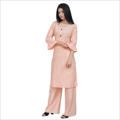 Printed Kurta With Palazzo Set - Cotton Blend Sizes: S M L XXL Color: Pink | Features: No Fade Quick Dry Washable Trendy Design for All Seasons