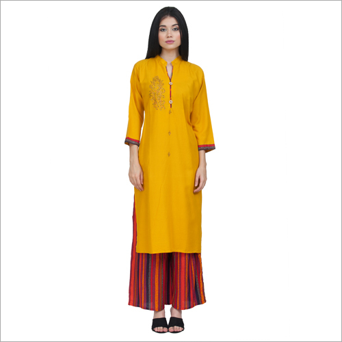 Fancy Kurta With Palazzo Set - Cotton Blend, Available in S, M, L, XL | Yellow-Multicolor, Full Sleeves, All-Season, Quick Dry, Washable