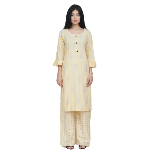 Designer Kurta With Palazzo Set - Cotton Blend, Size S, XL, XXL | Cream Color, Printed Pattern, Full Sleeves, Modern Design, All Season, Quick Dry, Washable, Dry Clean Only