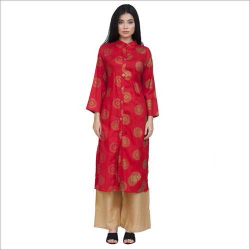Fashionable Kurta With Palazzo Set - Cotton Blend, Size S-XXL, Red-Golden | Full Sleeves, Trendy Printed Pattern, All Season, Quick Dry, Washable