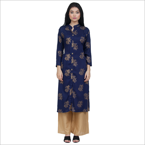 Stylish Kurta With Palazzo Set - Cotton Blend, Sizes S-XXL, Blue-Golden Color | Traditional, Quick Dry, No Fade, Full Sleeves, All Season Printed Design