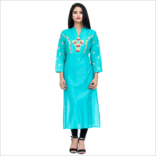 Embrodery Long Kurti - Cotton Blend Sizes S-XXXL Blue | 3-4th Sleeve Modern Ethnic Wear for Ladies Quick Dry & Washable