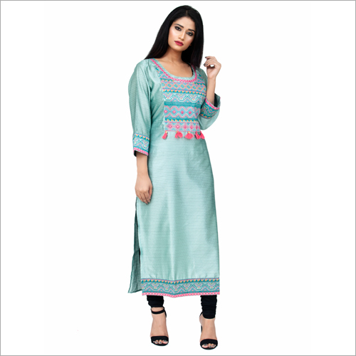 Ladies Stylish Kurti - Cotton Blend, Embroidered Long Sleeve, Available Sizes (S-XXXL), Color: Blue | Quick Dry, Washable, No Fade, Perfect for All Seasons