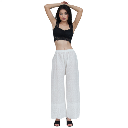 Ladies Chikan Palazzo - Cotton, S to XXL, White | Casual Palazzo, Quick Dry, No Fade, Washable, Perfect Fit with Elastic Waist