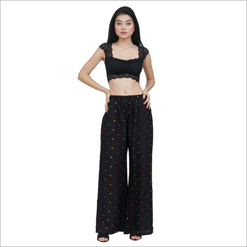 Ladies Designer Palazzo - Cotton Blend, Sizes S to XXL, Black Dotted Pattern | Quick Dry, Washable, Dry Clean, No Fade, All Season