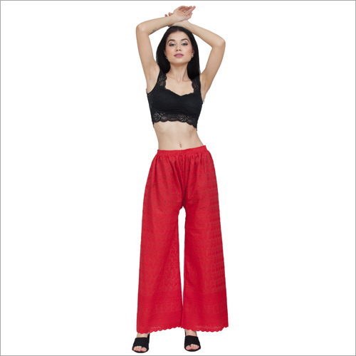 Fancy Chikan Palazzo - Cotton, Sizes L-XXL, Red | Casual Dress, Quick Dry, Washable, No Fade, Dry Clean, All Season, Plain Pattern
