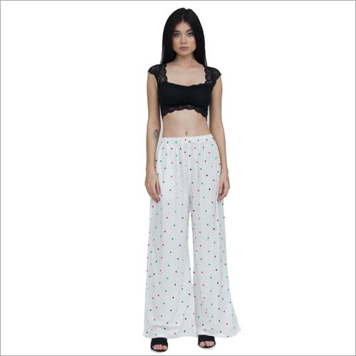 Ladies Dotted Palazzo - Cotton Blend, Sizes S-XXL, White | Attractive Dotted Pattern, Loose Frill, Dry Cleanable, Quick Dry, All Season Wear