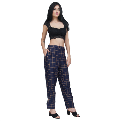 Ladies Checked Trouser - Cotton Blend, Sizes S-XXXL | Blue Color, All Season Wear, Washable, Quick Dry, No Fade, Dry Clean Only