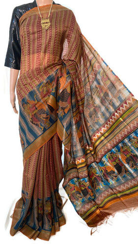 Casual Pure Munga Tussar Silk Sarees, With Madhubani Print Sarees.