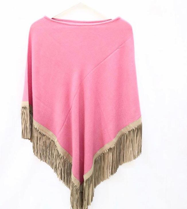 Cashmere Knitted Poncho WIth Leather Suede Tussle or Fringes Poncho