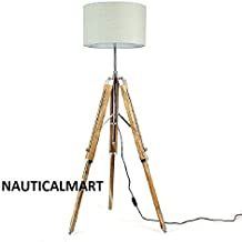 Chrome & Wood Craftter Pure Linen Fabric Drum Shape Shade Wooden Tripod Floor Lamp