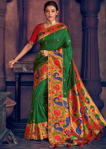 Green Floral Print Banarasi Jacquard Saree