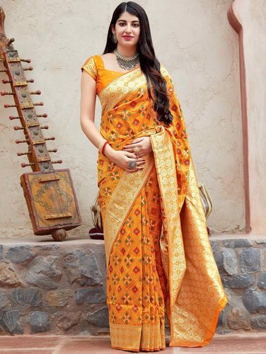 Indian Mustard Yellow Banarasi Satin Silk Patola Print Woven Saree With Golden Border And Pallu