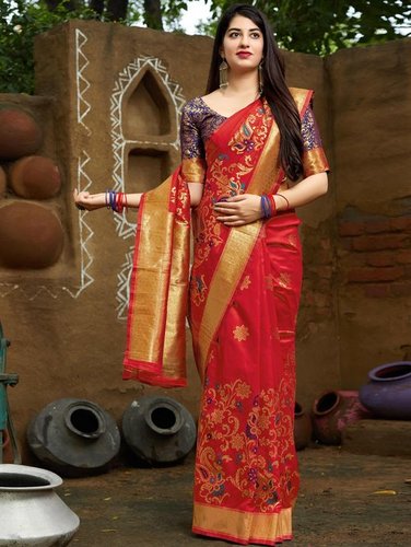 Red Traditional Woven Saree with Dull Gold Zari Border and Pallu