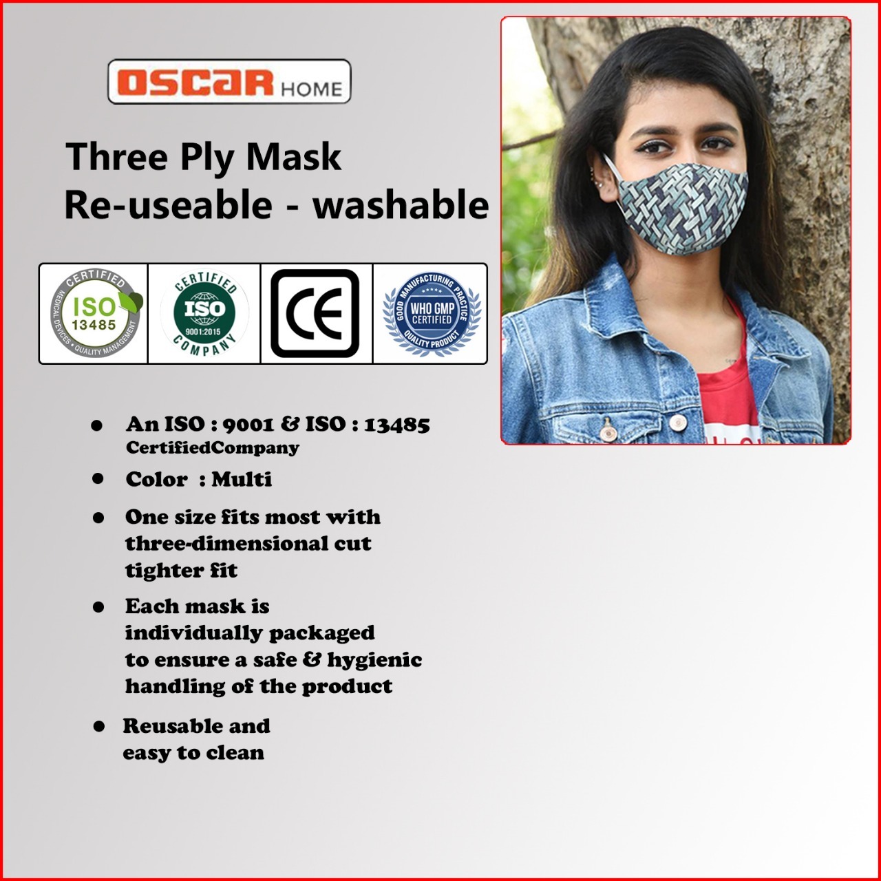 Printed and Reusable Face mask WHO/CE Certified