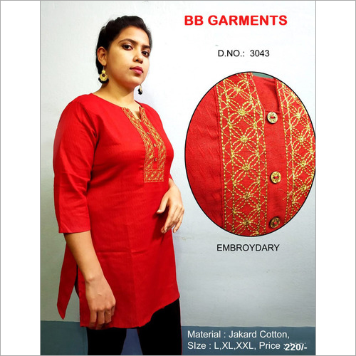 Ladies Kurti Top - Jakard Cotton, Size L/XL/XXL, Red with Gold Embroidery | Comfortable Fit, Elegant Design, Soft Fabric, Stylish Embroidery
