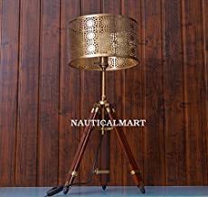 Brown Nauticalmart Vintage Brass Finish Teak Wood Tripod Table Lamp