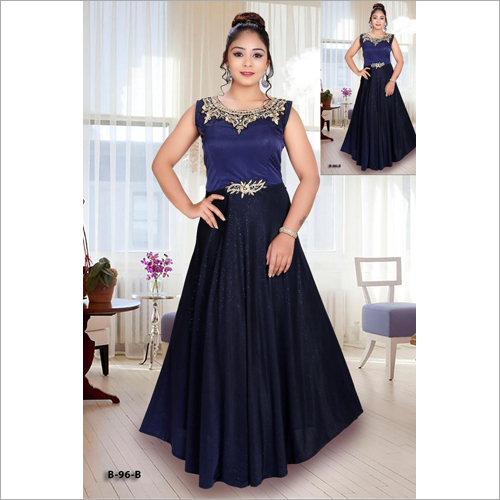 Ladies Sleeveless Gown - Modern Design, Embroidered Pattern, Blue Color