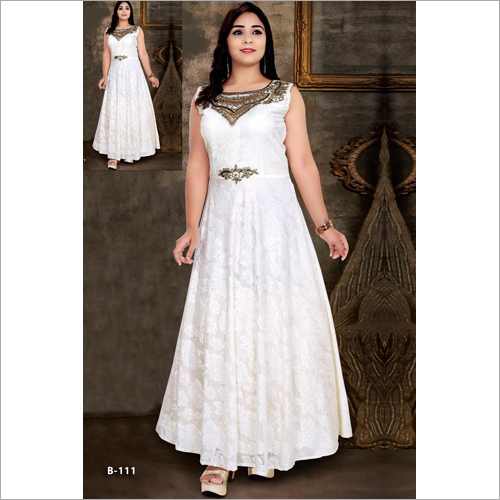 Embroidered Ladies White Sleeveless Gown