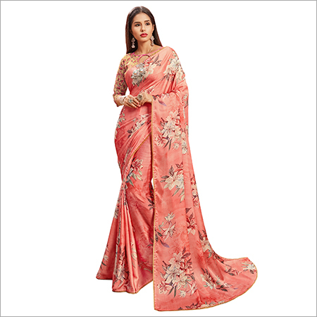 Peach coloured floral printed satin silk saree with blouse piece