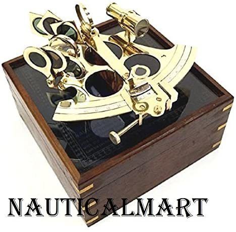 Nautical Brass Sextant W/Wood & Etched Glass Box