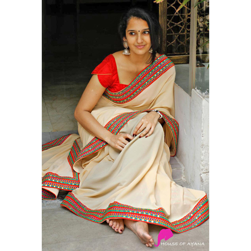 ANAYA Designer Saree - Cotton Blend, Cream with Colorful Border Patti | Easy to Drape, Comfortable for All Seasons, Plain Blouse Customizable