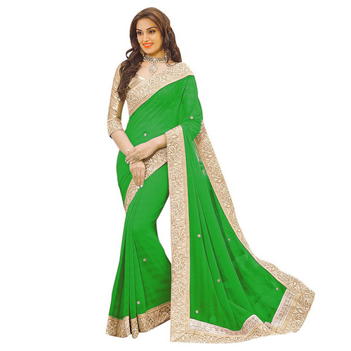 Green Patta Saree - Green Shade with Heavy Silver Border | Ideal for Party Wear, Plain Pattern, Suitable for All Seasons