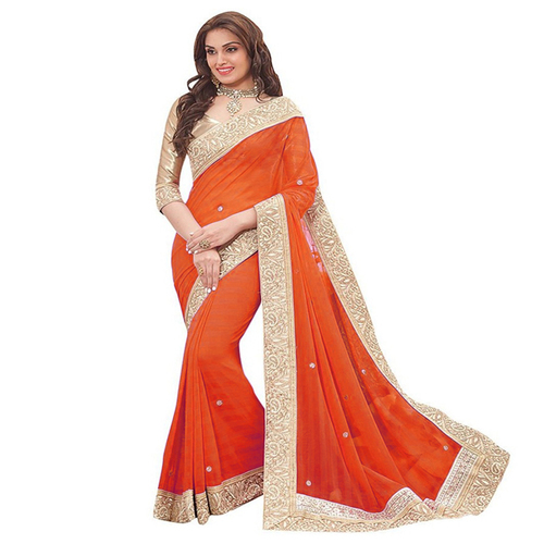 Orange Patta Saree - Embroidered Border Design | Vibrant Orange Color, Perfect for Traditional Parties and Events
