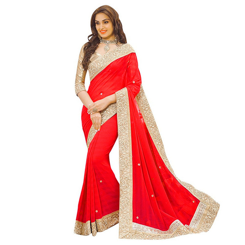 Red Patta Saree - Elegant Cotton Fabric, Vibrant Red Color, Plain Pattern | Ideal for Party Wear in All Seasons: Rainy, Spring, Summer, Winter