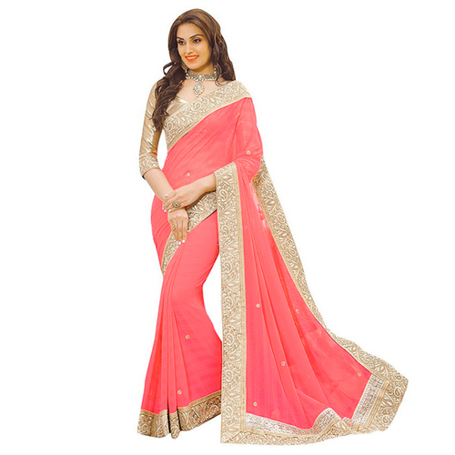 Tommeto Patta Saree - Cotton Blend, Pink Color | Immaculate Embroidery, Tear Resistant, All-Season Comfort for Parties