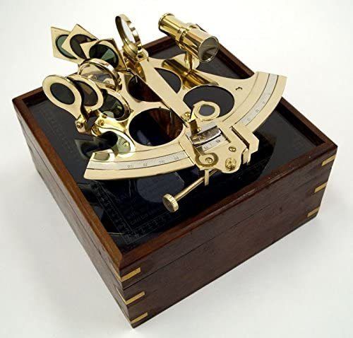 Nautical Brass Sextant W/Wood & Etched Glass Box