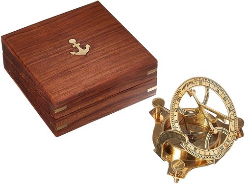 Nautical Solid Brass 3" Sundial Compass - W/Inlaid Hardwood Box