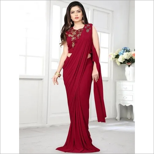 Maroon Lycra Pre  Fancy Saree With Handworked Patch Decoration Material: Stones