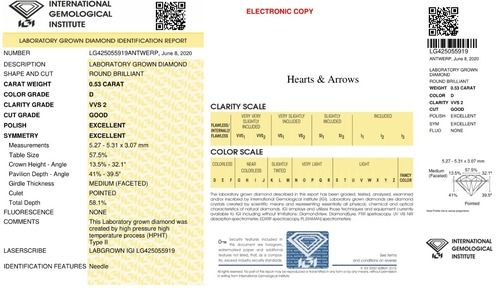 CVD 0.53ct D VVS2  Diamond IGI Certified Lab Grown Round Brilliant Cut