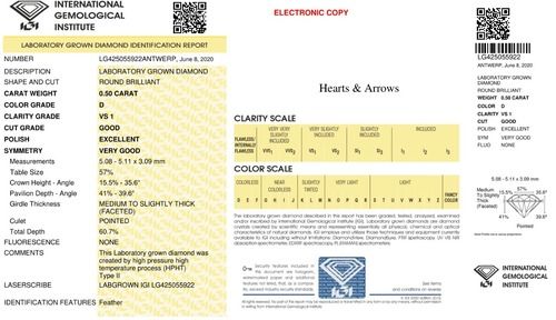 CVD 0.50ct D VS1 Diamond IGI Certified Lab Grown Round Brilliant Cut