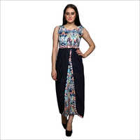 Print With Solid Combo Long Dress