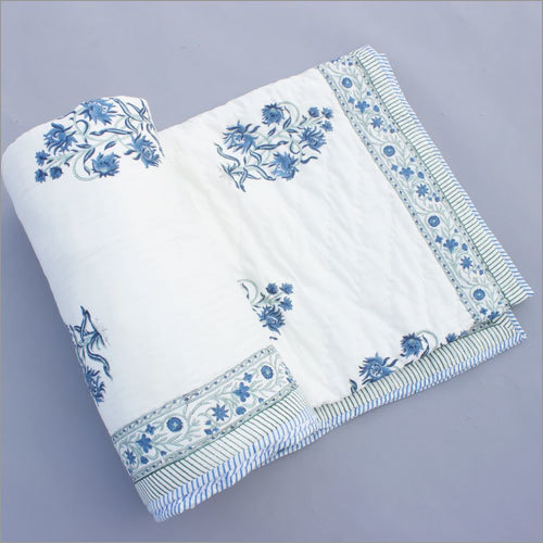 Cotton hand Block Printed Blue Floral Jaipuri reversal  Quilt