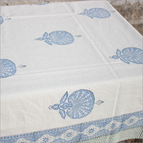 White Blue Peacock Print Tablecloth