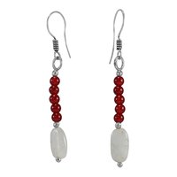 Dangle Earrings - 0.8x6.2 Cm, Red & White Quartz Stones, 925 Sterling Silver, Perfect For Weddings And Parties