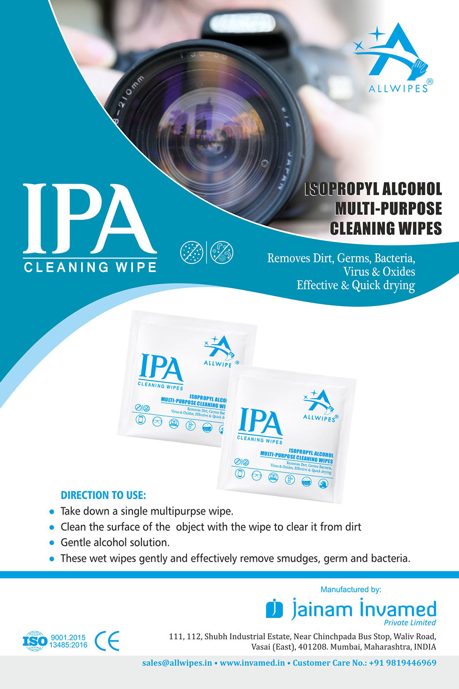 Ipa Multipurpose Cleaning Sanitizing Disinfecting Isopropyl Swabs 3x6cm