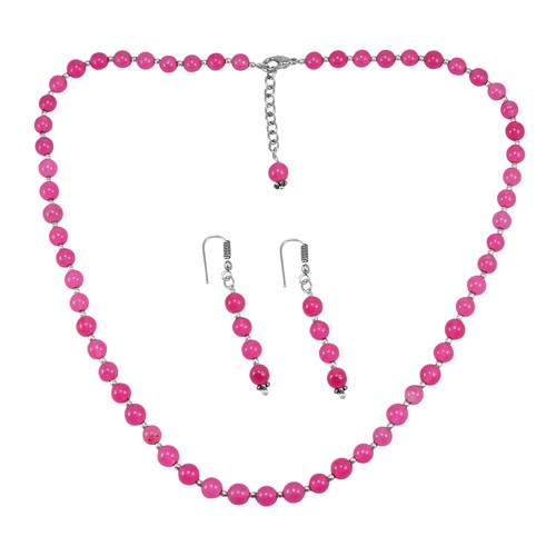 Round Pink Quartz Silver Necklace & Earring Set Pg-156647