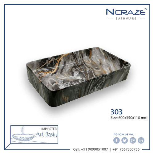 Ncraze Rounded Rectangle Imported Wash Basin - Ceramic, 600x350x100mm | Glossy Finish, Above Counter Installation, Decorative Design, One Piece Structure, 10 kg Weight