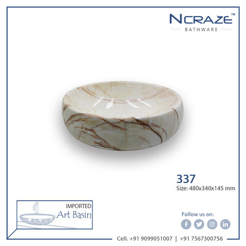 Ncraze Milk White Brown Shaded Designer Basin - Ceramic, 480x340x145mm | Decorative Above Counter, Glossy Finish, One-Piece Design, 10kg Weight