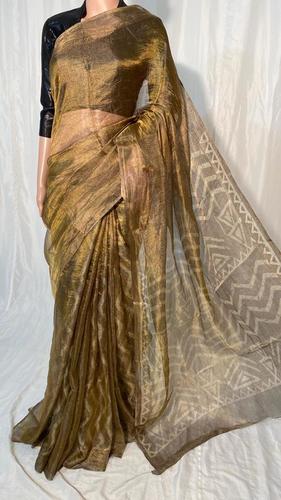 Party Wear Pure Tissue Tussar Silk Hand Block Printed Saree.