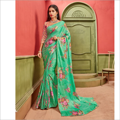 Georgette Satin Material Floral Printed Green Sarees