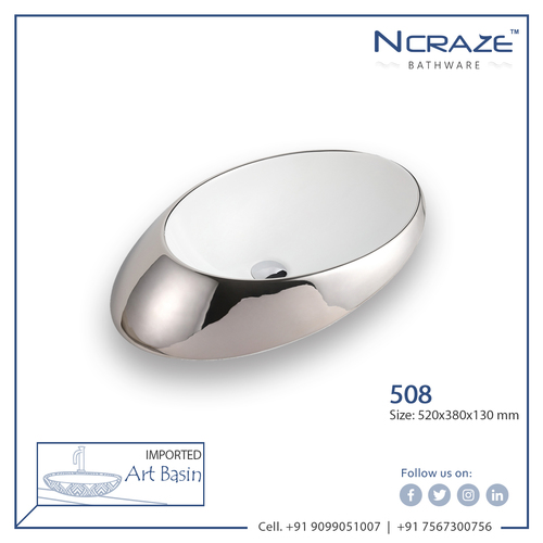 Ncraze Silver Art Wash Basin - Ceramic , 520x380x130mm Dimensions, Glossy Surface Finish, Above Counter Installation, Decorative Design