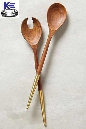 Brown Sheesham Wood And Brass Salad Server Set